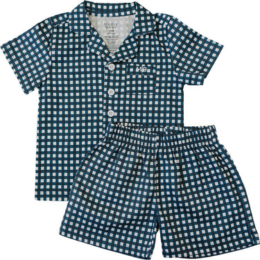 Navy gingham short pajama set for babies, perfect for comfortable sleep and stylish bedding.