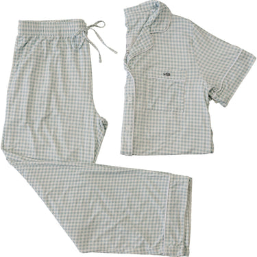 Light blue gingham pajama set for women, perfect for cozy nights and stylish loungewear.