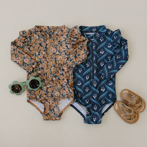 Venetian Floral Long Sleeve Ruffle Zipper One-Piece