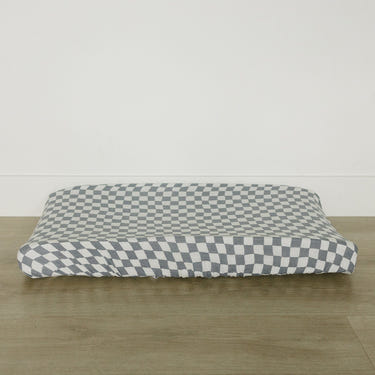 Dusty Blue Wavy Checkered Muslin Changing Pad Cover - MOOGCO Baby