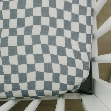 Dusty Blue Wavy Checkered Muslin Crib Sheet - MOOGCO Baby
