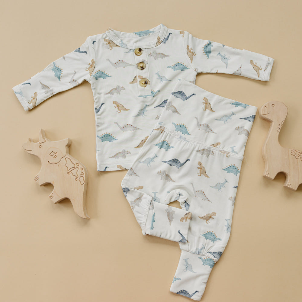 Snugglesaurus 2pc Henley Bamboo Pajamas for babies, cozy sleepsuits in sizes newborn and up.