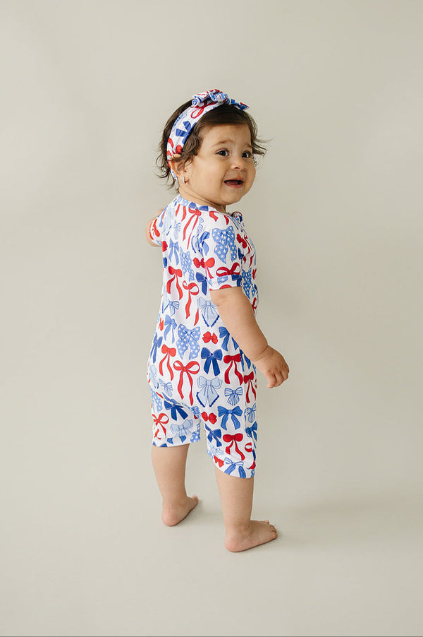 Bamboo Shorty Romper  | Red-White & Bows