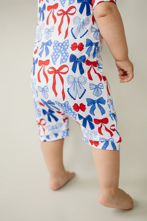 Bamboo Shorty Romper  | Red-White & Bows