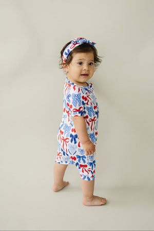 Bamboo Shorty Romper  | Red-White & Bows