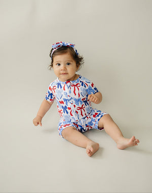 Bamboo Shorty Romper  | Red-White & Bows