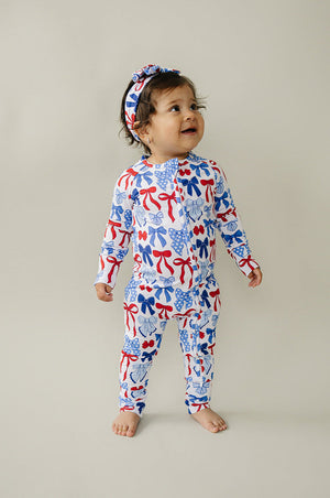 Bamboo Zip Romper  | Red-White & Bows
