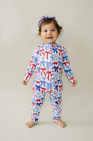 Bamboo Zip Romper  | Red-White & Bows