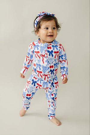 Bamboo Zip Romper  | Red-White & Bows