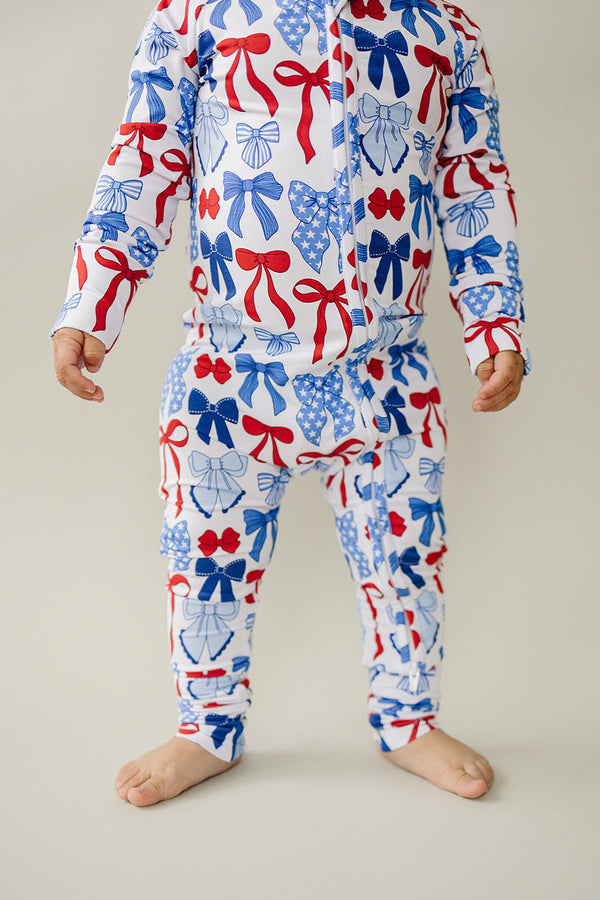 Bamboo Zip Romper  | Red-White & Bows
