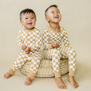 Golden Coast Check 2pc Bamboo Pajamas for babies, cozy and stylish sleepsuit set, angle view.