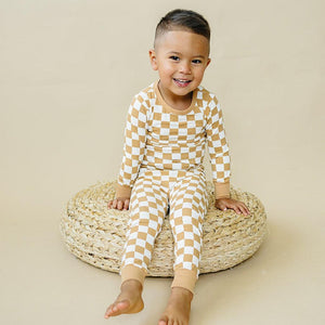 Golden Coast Check 2pc Bamboo Pajamas for babies, cozy and stylish sleepsuit set, angle view.