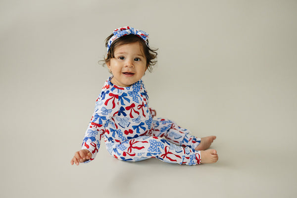 Bamboo Zip Romper  | Red-White & Bows