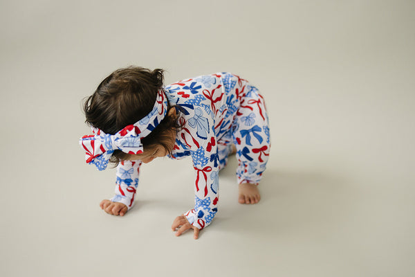 Bamboo Zip Romper  | Red-White & Bows