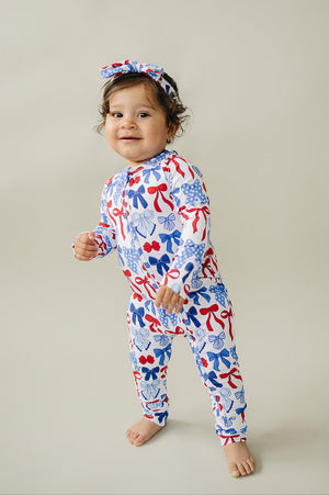 Bamboo Zip Romper  | Red-White & Bows