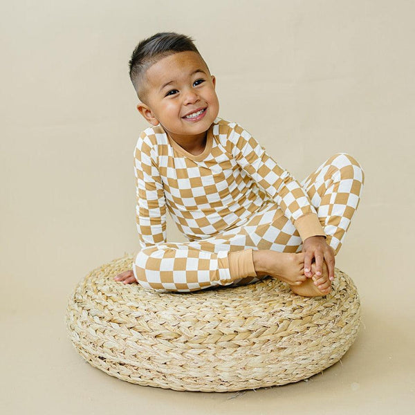 Golden Coast Check 2pc Bamboo Pajamas for babies, featuring a stylish check pattern in a comfortable design.