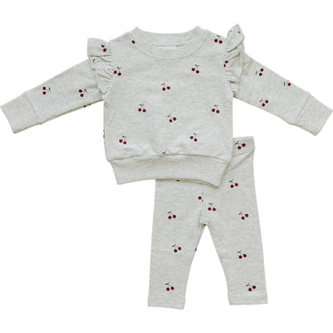Cherry Ruffle French Terry Set for babies - stylish two-piece outfit in soft fabric, perfect for comfort and play.