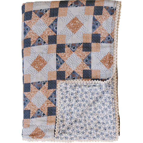 Patchwork Print + Blue Blossom Lace Twin Muslin Quilt