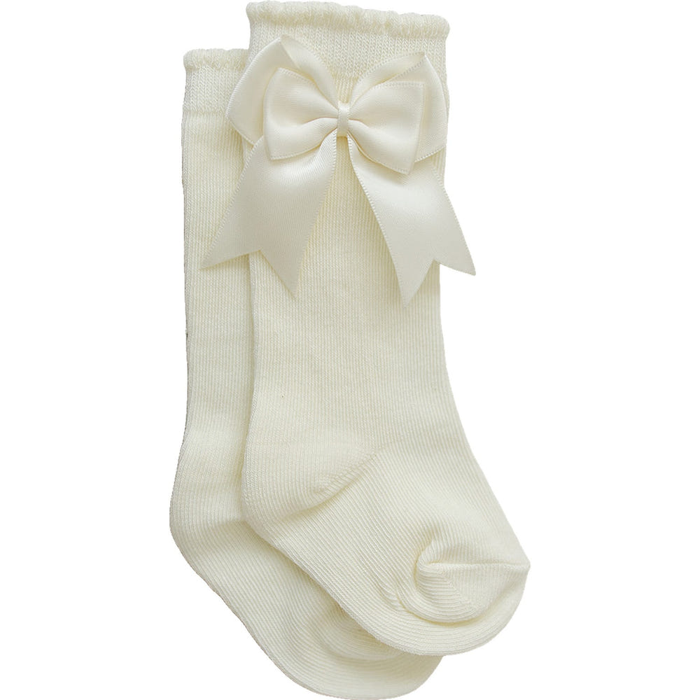 Mebie High Rise Bow Socks for babies in soft fabric, featuring a cute bow design, perfect for stylish little ones.
