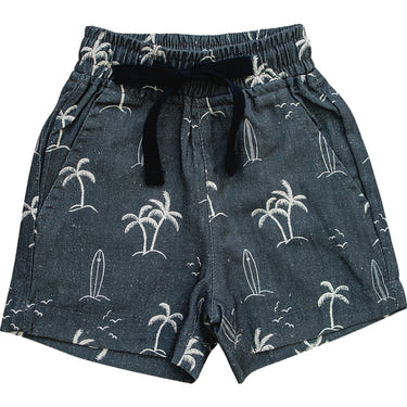 Navy surfer linen cotton shorts for babies, perfect for summer adventures and stylish comfort.