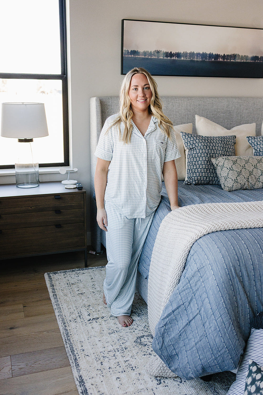Light blue gingham pajama set for women, perfect for cozy nights and stylish loungewear.