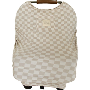 Taupe checkered bamboo multi-use cover for babies, perfect for nursing, stroller, and car seat use.