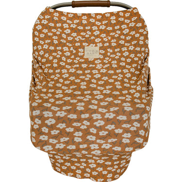 Mustard floral bamboo multi-use cover for babies, perfect for nursing, stroller, and car seat use.