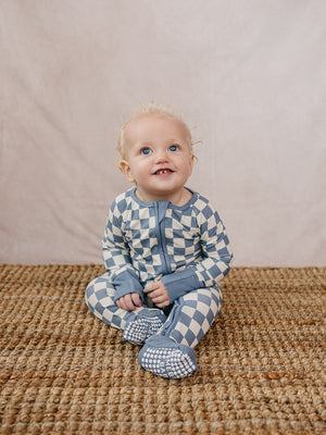 Blue Checkered Ribbed Bamboo Zipper
