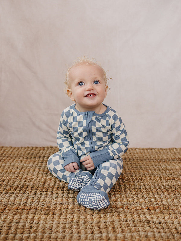 Blue Checkered Ribbed Bamboo Zipper