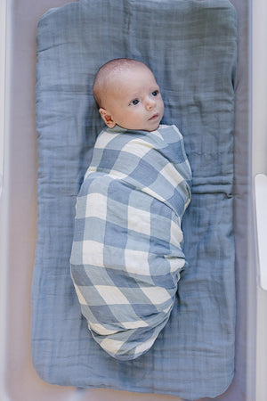 Mebie Baby Dusty Blue Gingham Muslin Swaddle Blanket 47x47