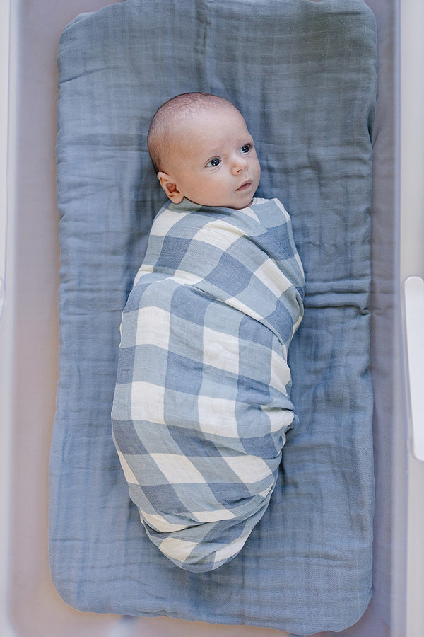 Mebie Baby Dusty Blue Gingham Muslin Swaddle Blanket 47x47
