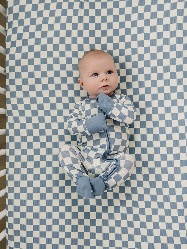 Blue Checkered Ribbed Bamboo Zipper