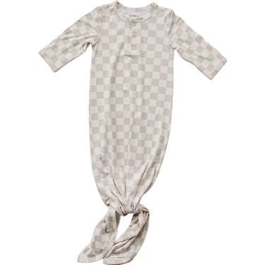 Taupe Checkered Bamboo Knot Gown - MOOGCO Baby