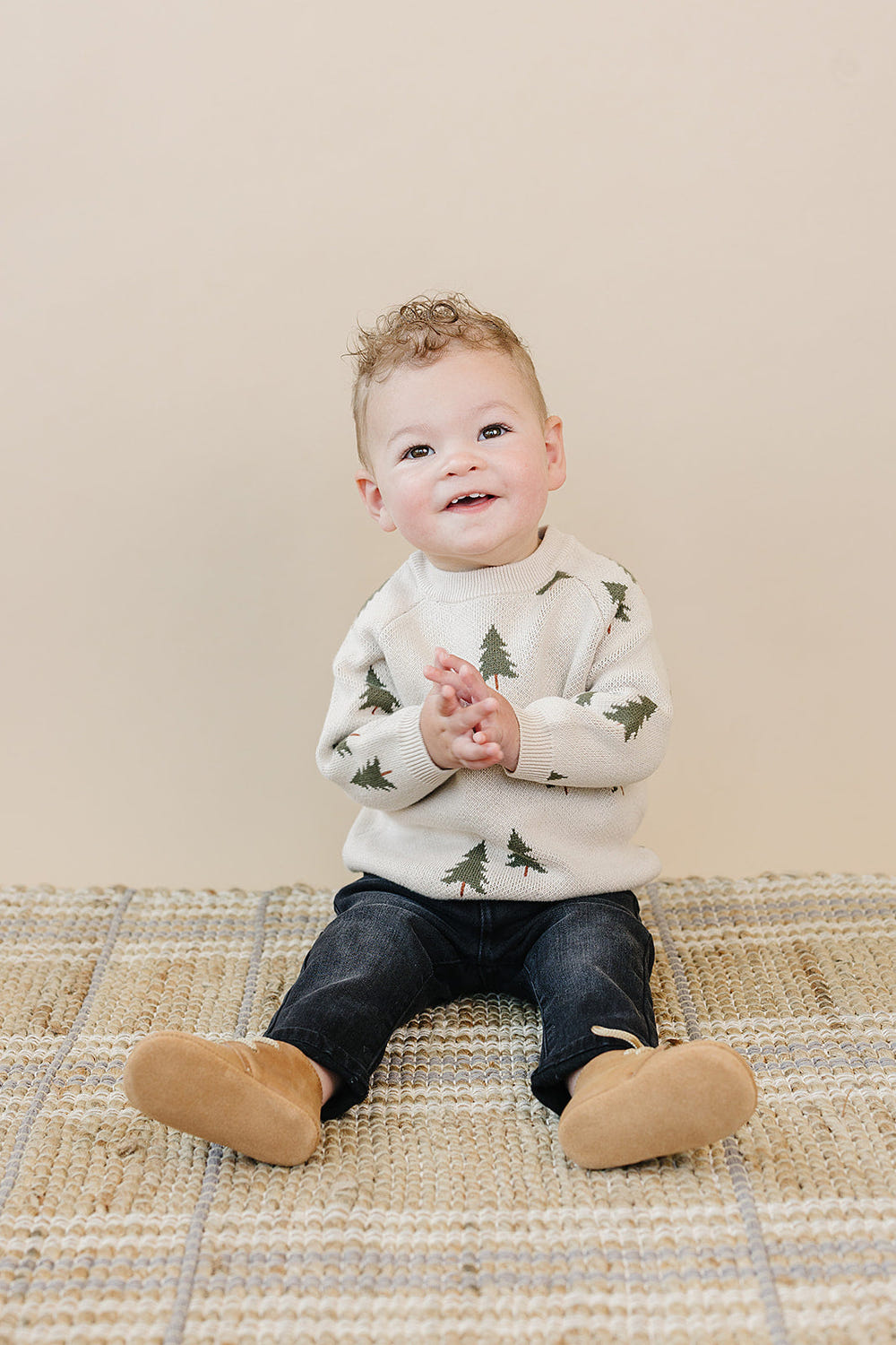 Pine Tree Knit Sweater for babies, cozy and stylish winter clothing for little ones.