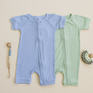 Solid ribbed bamboo shorty romper in various colors, angle view 11, perfect for baby comfort and style.