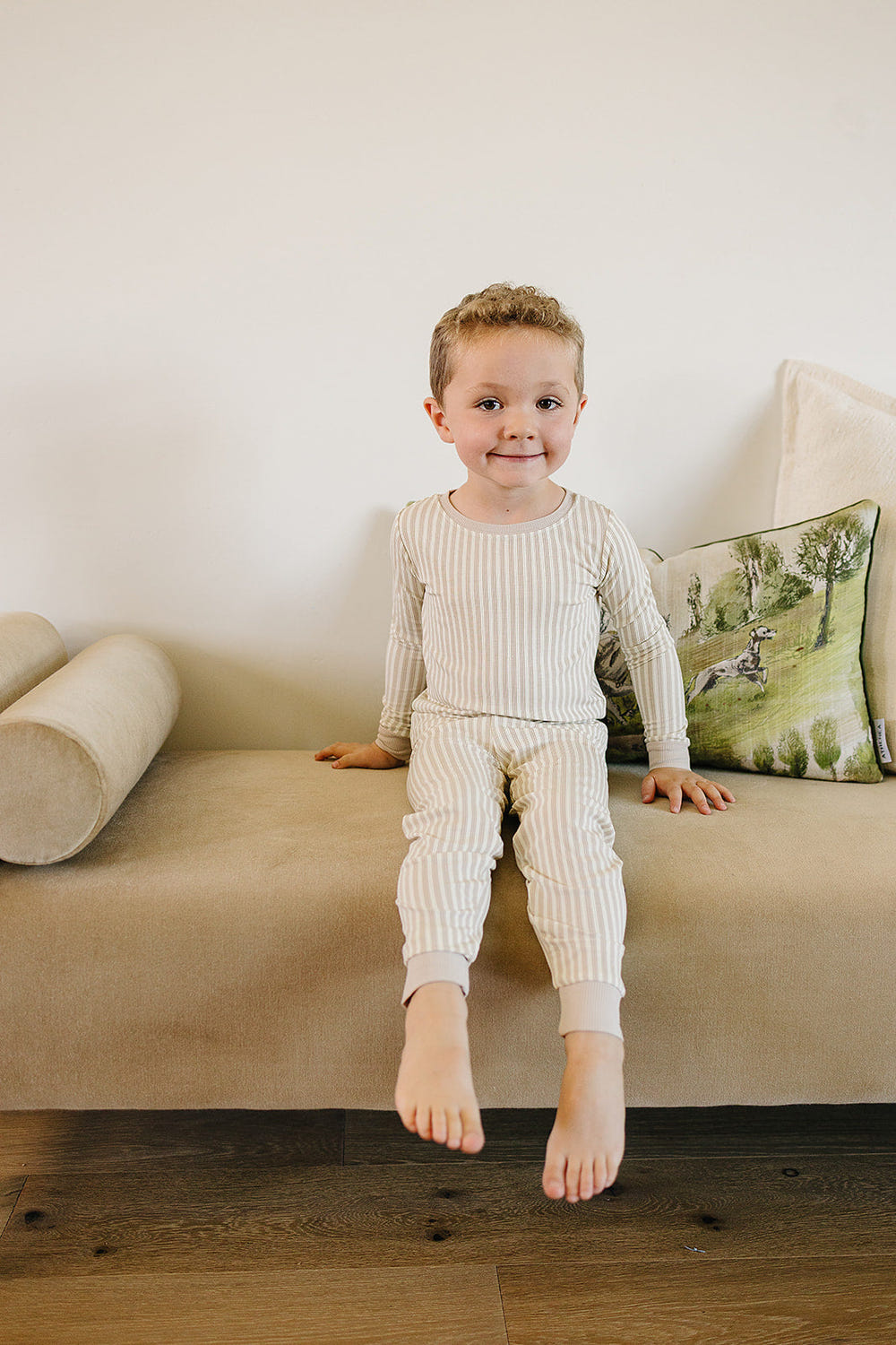 Taupe stripe ribbed bamboo cozy set for babies, perfect for bedding and sleep comfort.