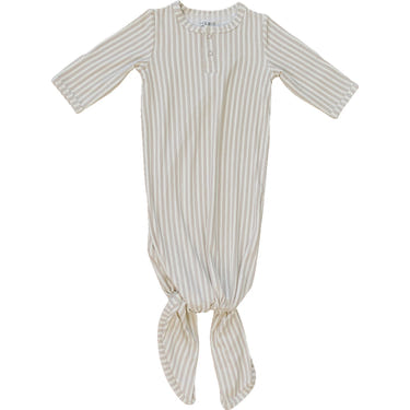 Taupe stripe ribbed bamboo knot gown for babies, perfect for comfortable sleep and stylish bedding.