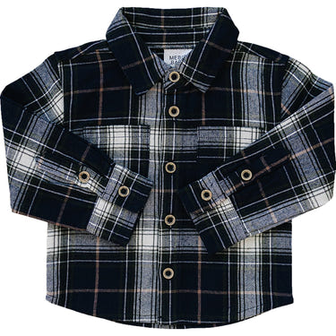 Navy plaid button-up shirt for babies, perfect for stylish and comfortable everyday wear.