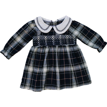 Navy plaid smocked dress for babies, perfect for stylish and comfortable wear.