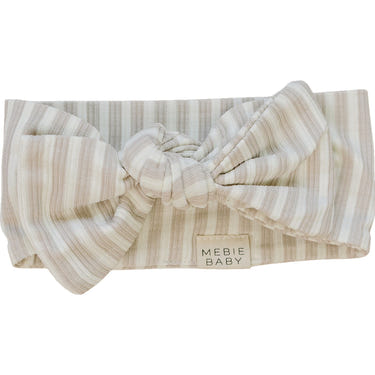 Taupe stripe ribbed bamboo head wrap for babies, perfect for sleep and comfort in bedding.