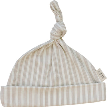 Taupe stripe ribbed bamboo newborn knot hat for stylish and comfortable baby wear.