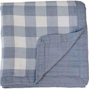 Dusty blue gingham and muslin quilt for babies, perfect for swaddling and cozy comfort.