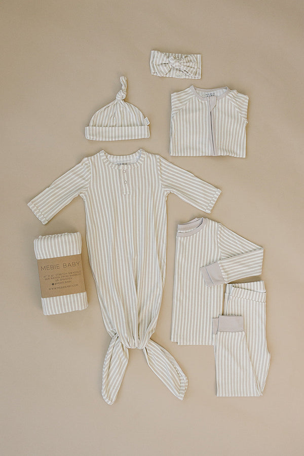 Mebie Baby Taupe Stripe Ribbed Bamboo Knot Gown 0-3