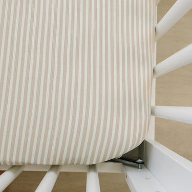 Taupe stripe ribbed bamboo stretch crib sheet for comfortable baby bedding and sleep.