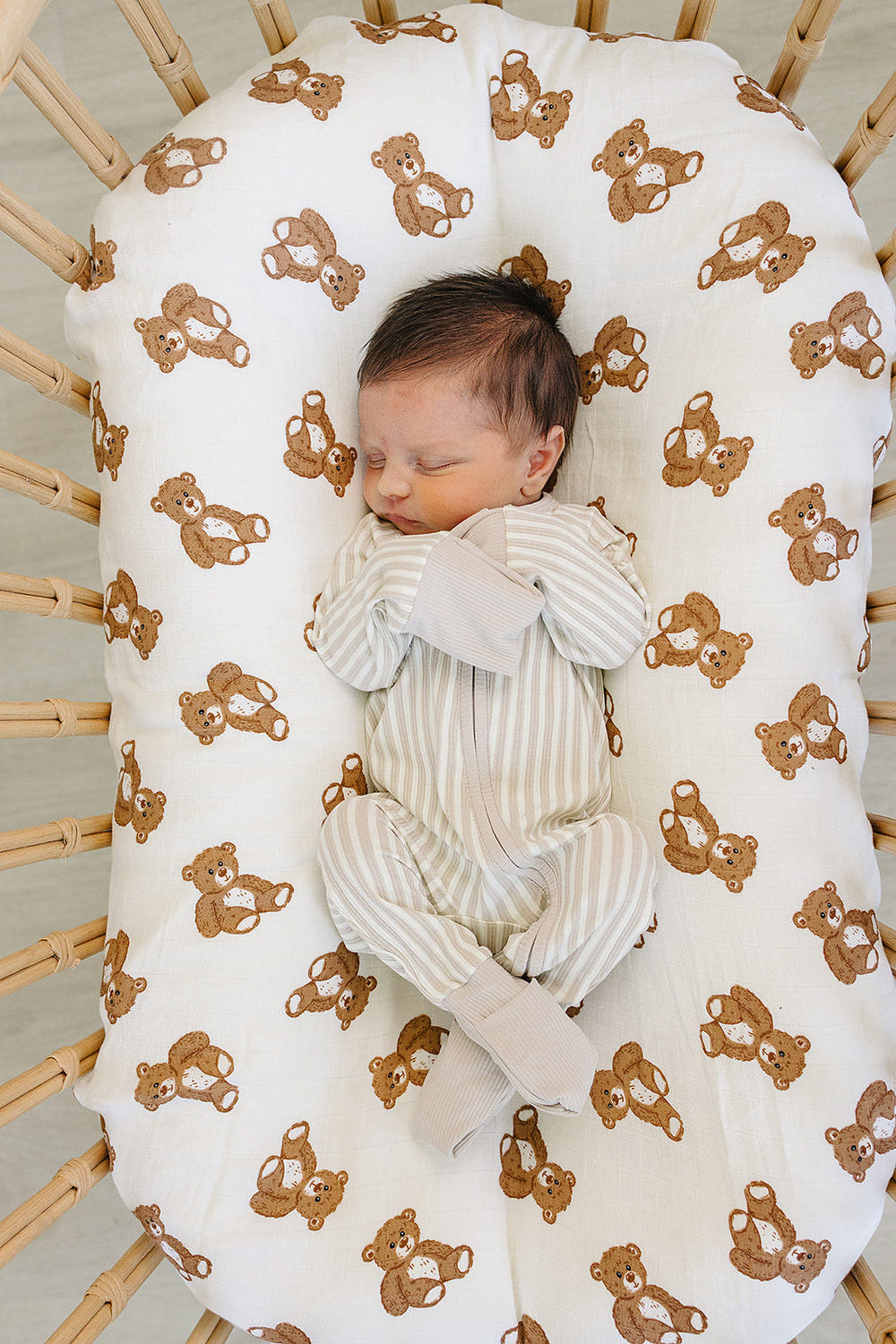 Taupe stripe ribbed bamboo zipper for baby bedding and sleep, soft and stylish for a cozy nursery.