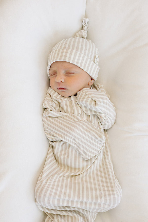 Taupe Stripe Ribbed Bamboo Newborn Knot Hat