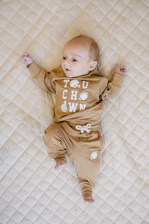 Touchdown Football Bamboo Crewneck & Jogger Set for toddlers, size 2T-5T, displayed at angle 3.