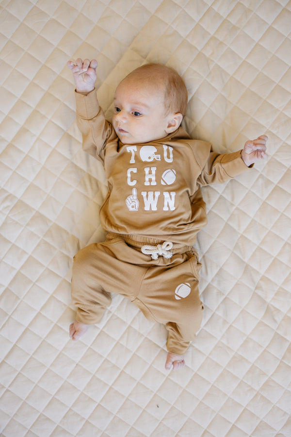 Touchdown Football Bamboo Crewneck & Jogger Set for toddlers 2T-5T, stylish and comfy outfit in angle view.