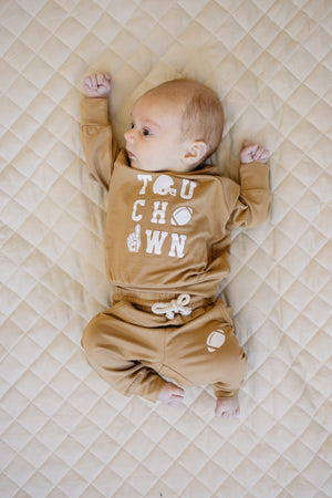 Touchdown Football Bamboo Crewneck & Jogger Set for toddlers, size 2T-5T, shown from angle 2.