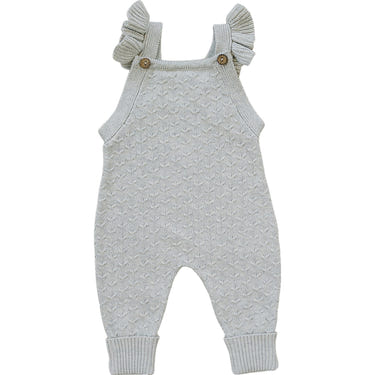 Grey ruffle knit overalls for babies, stylish and comfortable romper for little ones.